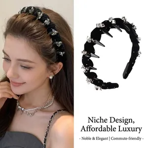 Elegant black crystal velvet headband with rhinestone and stud details for women