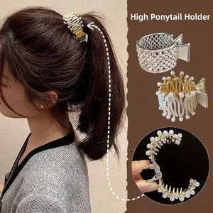 Pinces à cheveux élégantes pour queue de cheval haute avec strass et perles pour femme
