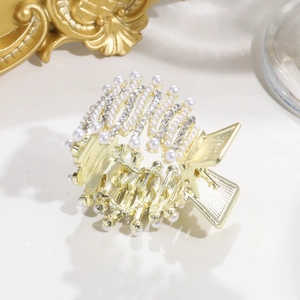 Pince à cheveux dorée élégante avec perles blanches et strass pour queue de cheval haute