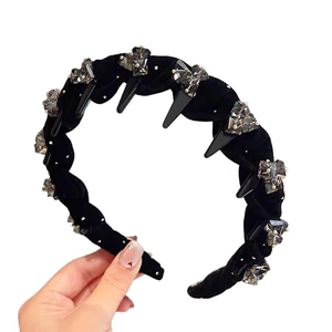 Elegant black crystal velvet headband with gothic elements for high-skull hairstyles