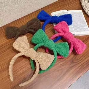 Cute lamb wool bow headbands for women in brown, blue, green, pink, and white colors
