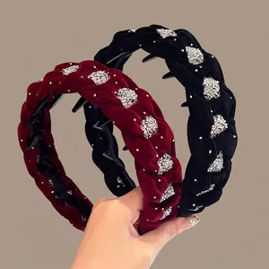 French Vintage Velvet Braided Headband For Women Wide Rhinestone High Top Non-slip Hair Band Autumn Winter Hair Accessories