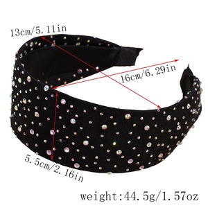 Detail showing dimensions of black velvet headband with colorful AB crystal rhinestones