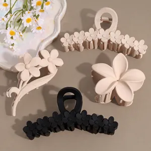 Women Frosted Floral Hair Claw Clips Elegant Matte Khaki Black Flower Shark Clips Vacation Everyday Styling Hair Accessories