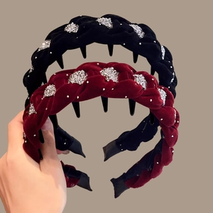 Braided velvet padded headbands with sparkling rhinestones in black and burgundy red