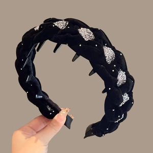 Elegant black velvet braided headband with rhinestones for high cranial top style