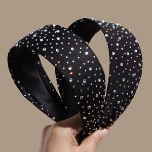 Sparkling crystal rhinestone padded wide headband in black fabric with AB crystals