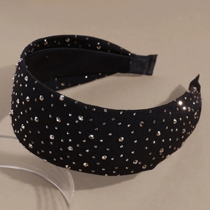 Sparkling crystal rhinestone wide headband with black matte fabric for women