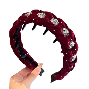Elegant wine red velvet braided headband with silver rhinestones and anti-slip comb
