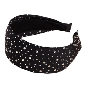 Sparkling black wide headband with dense rhinestones and fine fabric texture