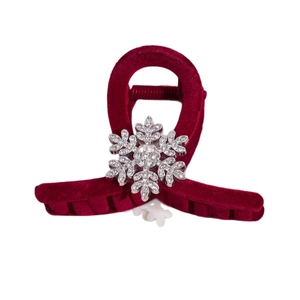 Elegante pinza per capelli bordeaux floccata con fiocco di neve in strass per l'inverno