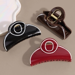 Set of three glossy hair claws in black, coffee and burgundy with white trim accents