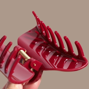 Elegant glossy wine red hair claw clip with gold spring and large teeth for thick hair