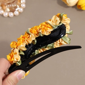 Elegant yellow fabric flower banana clip with satin petals and leaves for women hair