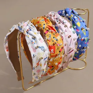 Back To School Stirnband Breit Geknoteter Stoff Haarreif Mit Künstlichen Künstliche Perlen Schreibwarendruck Zubehör Mädchen Damen Schule
