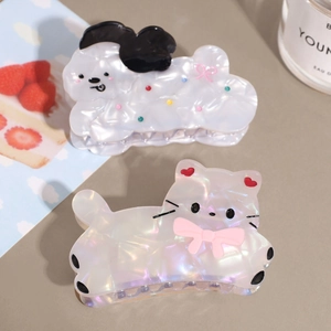 Pinces à cheveux animaux mignonnes en acrylique avec chiot blanc et chat iridescent