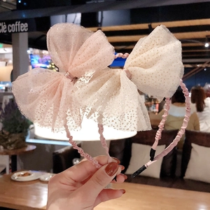 Serre-têtes perlés rose et beige avec grands nœuds en tulle pailleté pour femmes