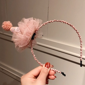 Pink party hat headband with lace veil and golden stars for girls hair accessory