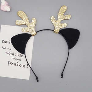 Cerchietto natalizio con corna di renna in paillettes dorate e orecchie di feltro nero