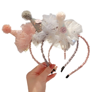 Three-piece set of girls' glitter crown headbands with soft tulle and pompom details