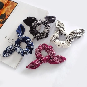 Paisley Print Rabbit Ear Scrunchies Cotton Fabric Bow Hair Ties Bohemian Style Floral Elastic Hair Bands For Women Daily Decor
