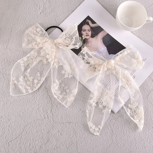 Elegant white lace bow hair scrunchies with floral embroidery set for women