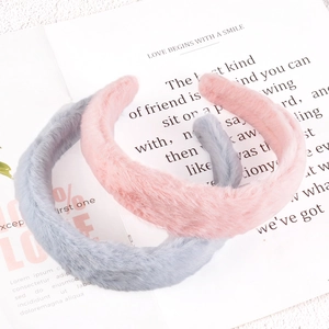 Pink and grey plush winter headbands with soft faux fur texture for women's hair accessories