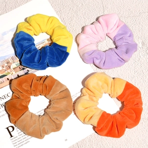 Velvet patchwork scrunchies in vibrant color combinations for women hairstyle accessory