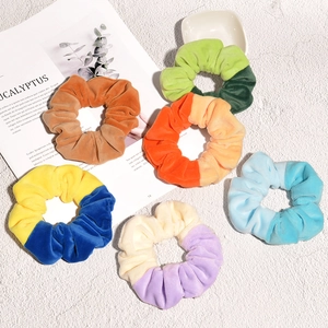 Set of 6 two-tone velvet scrunchies for women featuring colorful patchwork design