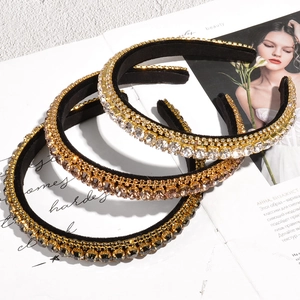 Elegant velvet headbands with triple-row rhinestones in gold, rose gold and black finish