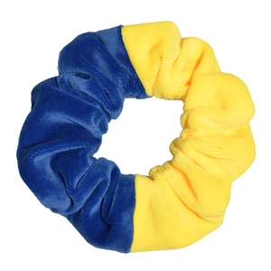 Contrast blue and yellow velvet scrunchie hair tie for women with shiny texture