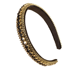 Vintage velvet headband with black rhinestones and double gold bead chain trim