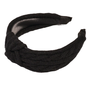 Handmade knitted black knotted wide headband for women with thick cable knit texture