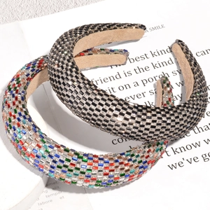 Baroque padded sponge headbands with checkered and colorful rhinestones for women