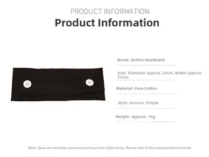 Detailed product size guide for black cotton sports headband with side buttons