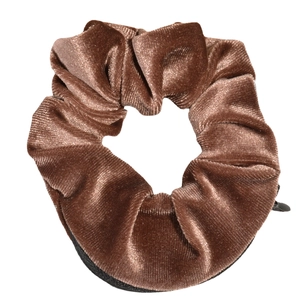 Brown velvet scrunchie with hidden zipper pocket for minimalist hair styling