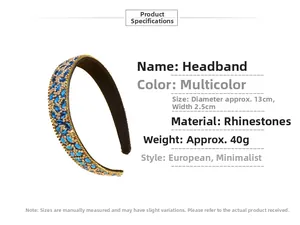 Detailed view of the rhinestone headband with dimensions showing width and diameter