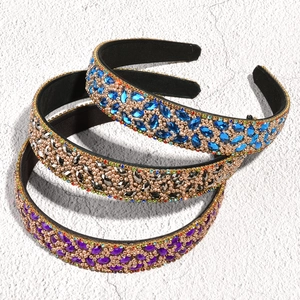 Luxury Baroque leaf rhinestone headbands in navy blue, champagne, and deep purple set