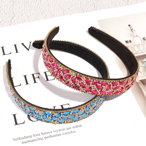 Luxury Baroque headband with colorful rhinestones and leaf pattern on black fabric base