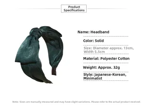 Detail view of dark green fabric headband with dimensions 13cm diameter and 5.5cm width