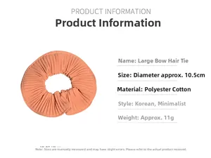 Detail specifications of coral orange striped hair scrunchie with size and material info