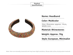 Detail view of multicolor rhinestone hair hoop showing 14cm diameter and 2cm width size
