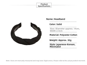 Detail showing solid black braided headband dimensions 14cm x 2.5cm made of soft polycotton