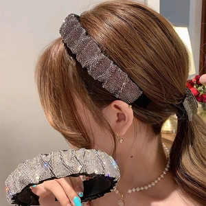 Sparkling silver rhinestone pleated wide headband for women in elegant vintage style
