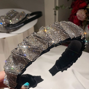Elegant wide headband with sparkling rhinestones and ruched fabric design for women