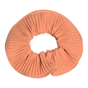 Pink corduroy striped scrunchie hair tie with soft texture and elastic design
