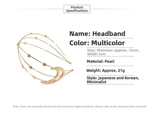 Detailed view of golden wave headband with metal star and pearl moon charms