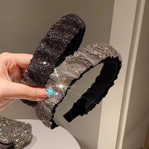 Luxury Wide Pleated Rhinestone Headband For Women Vintage Full Diamond Padded Hair Hoop Wedding Party Hair Accessories
