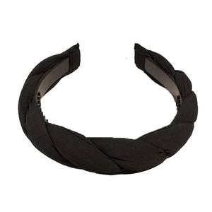 Braided black fabric headband with inner teeth for non-slip hair styling and comfort