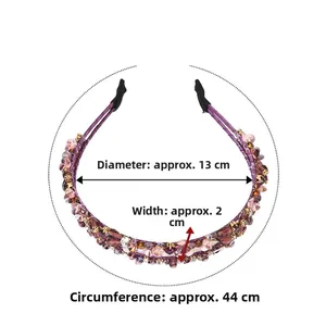 Détails d'un serre-tête en cristal violet avec dimensions de 13cm de diamètre et 2cm